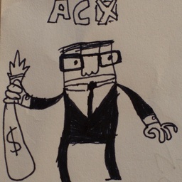 A black and white line drawing of a character with
