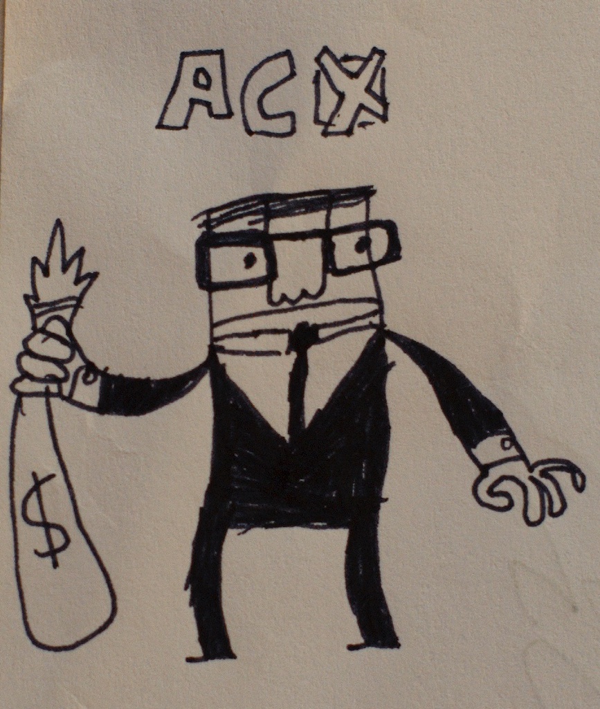 A black and white line drawing of a character with