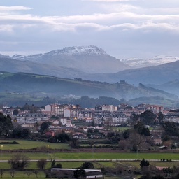 Town with mountains behind