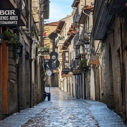 A narrow cobblestone street lined with buildings a