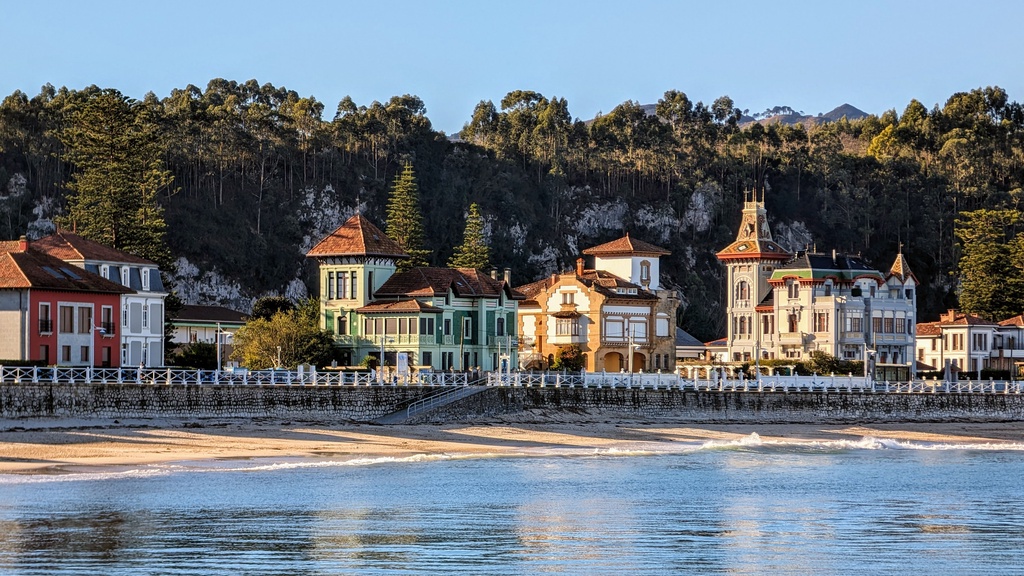A coastal town with colorful ornamented buildings