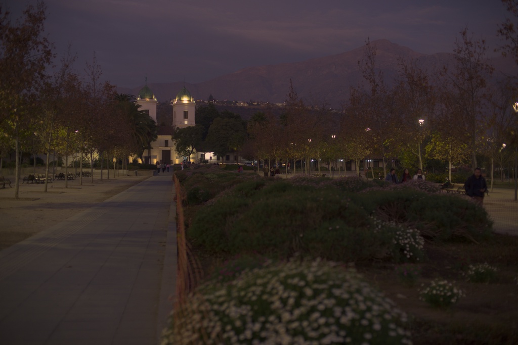 A dark, quiet park at twilight.