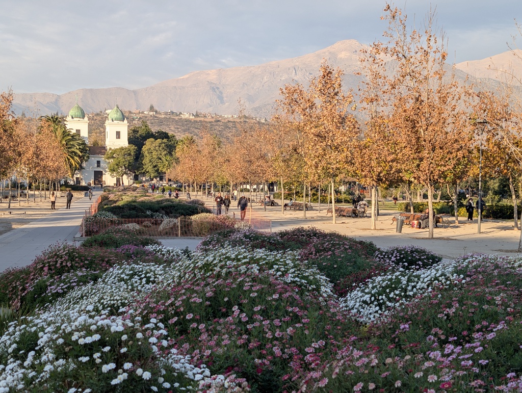 A scenic mountain range in the background of a park.