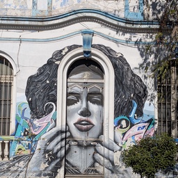 A large mural of a woman's face on the side of a building.