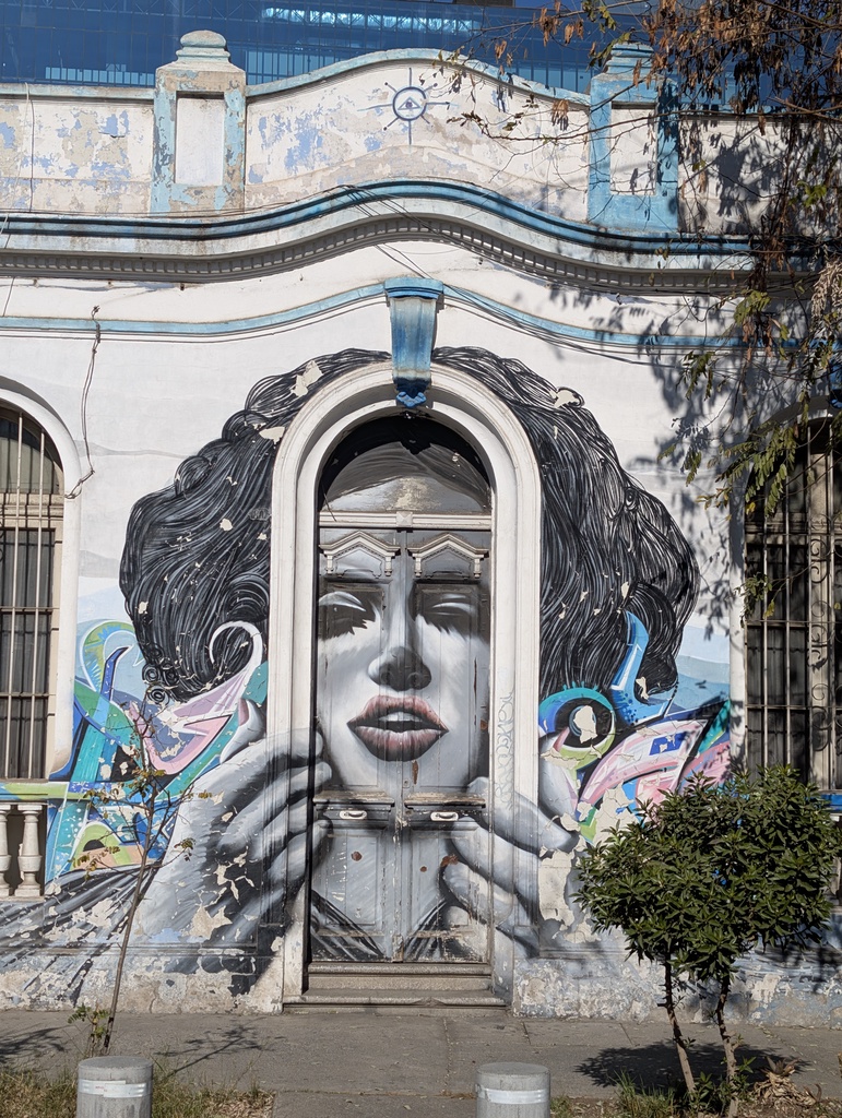 A large mural of a woman's face on the side of a building.