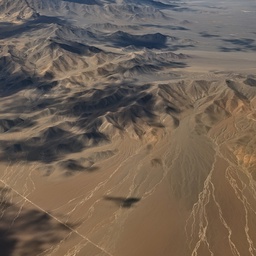 An aerial view of a barren, mountainous landscape.