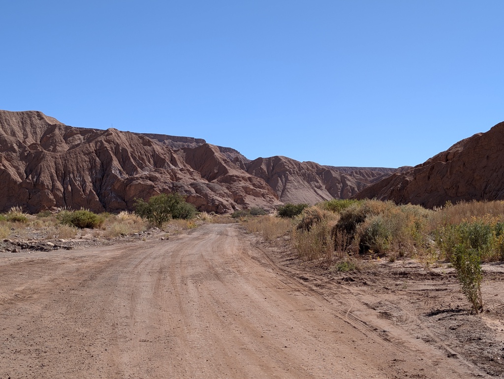 A dirt road winding through a desert landscape.