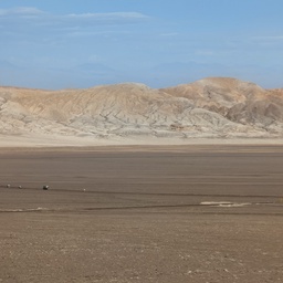 A vast, barren landscape of pale hills and a flat desert plain.